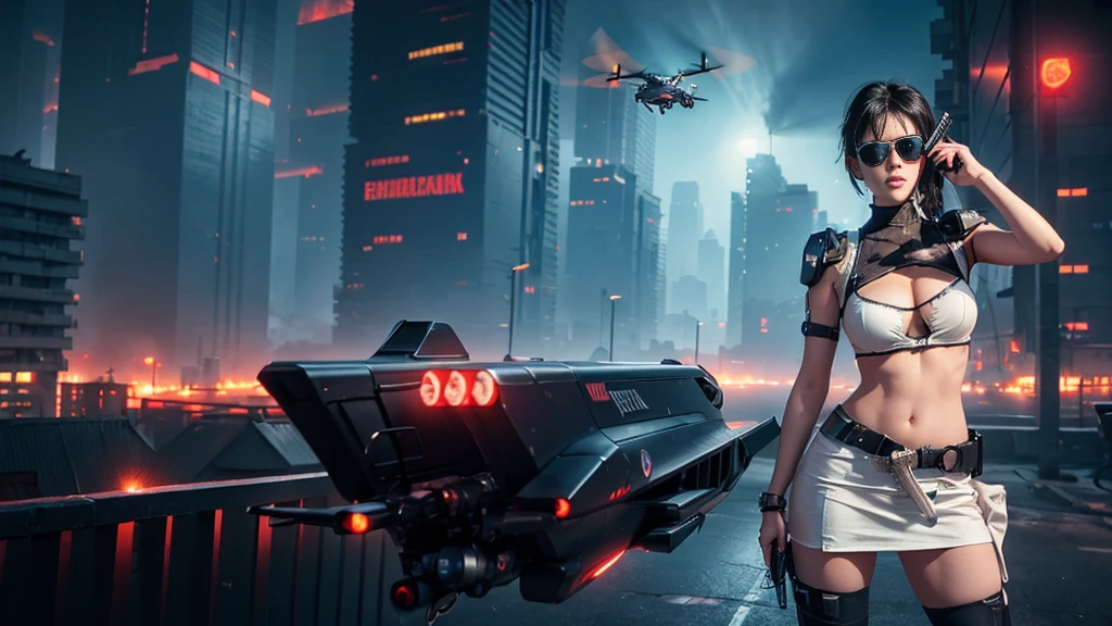 At night, dark sky, aerial view of cyberpunk city, ((flying vehicle)). (1girl, solo), photo realistic, medium-breast:1.1 slim body, cleavage, sexy clothes, (black sunglasses), (((hip-up standing aiming pistol pose))), half-body thigh level medium shot, cinematic lighting.