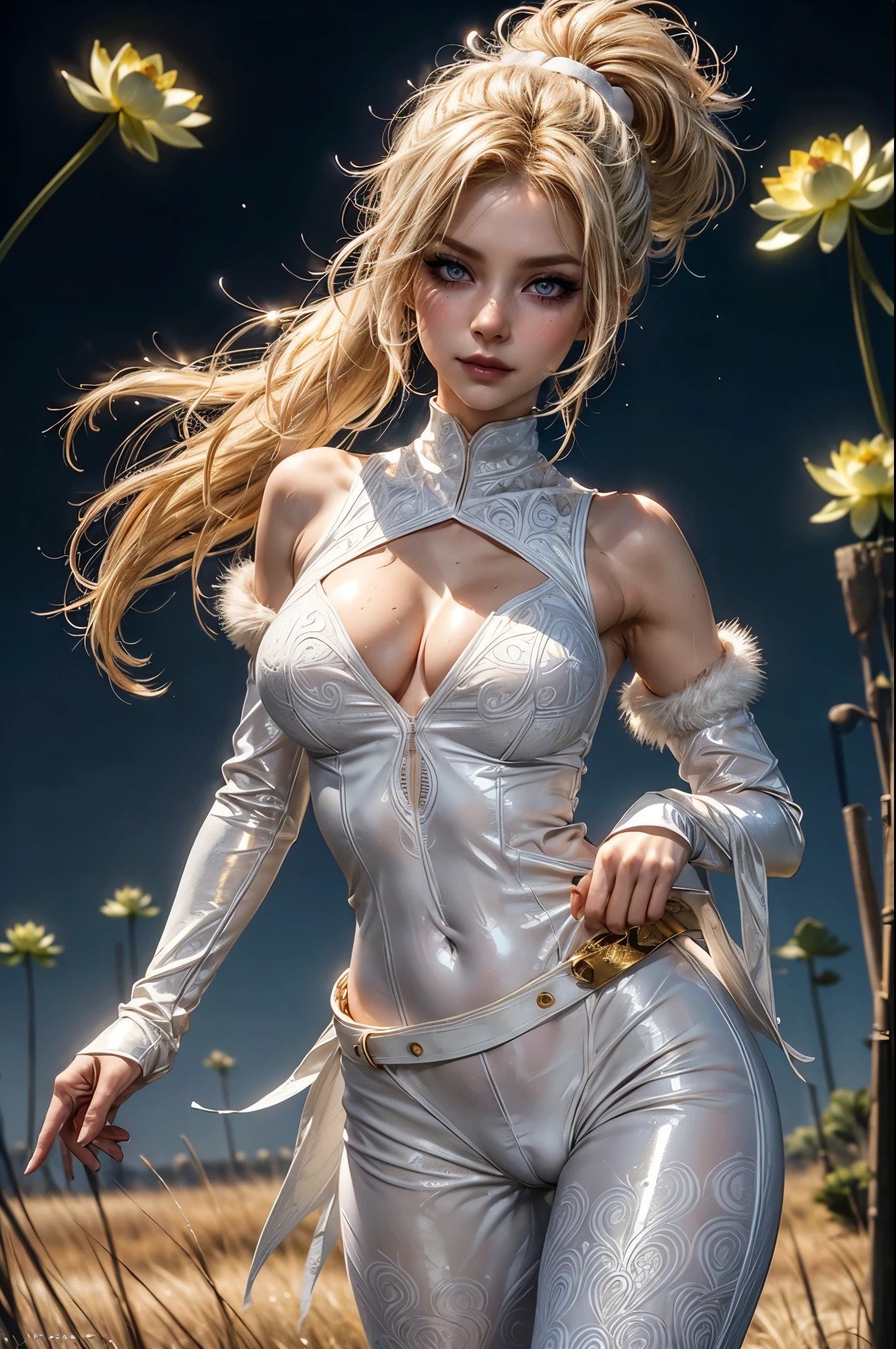 (RAW photo, best quality, ultra high quality, best detail, full body picture), Cute girl with blond hair, lora_Emma, (ponytail blond hair), (hair over one eye), (empty field background), very dark eyeliner, jinxlol, happy smile, gorgeous face , super cute, healthy face, (puffy cheeks), 21 years old , young looking, hyper detailed face, detailed skin, heavy dark eyeliner, (enormous super sized breast), (thin waist, slender, skinny), (((shiny ultra glossy skin white bodysuit with lotus pattern))), LowriseXL, perfecteyes eyes, ((wet skin, oily skin)), (((model pose))), ((shiny ultra glossy white arm sleeves)), (((cleavage))), ((bare shoulders)), ((fur sleeves)), ((fur collar)), ((fur cuffs)), ((fur armbands)), ((exposed navel)), ((golden fur)), ((white and golden belt))