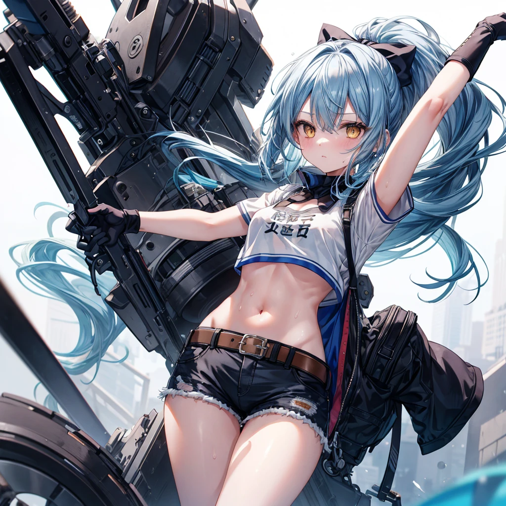 ((Highest quality)), ((masterpiece)), ((detailed)), (4K), a girl with blue hair and a top with short sleeves holding a screw driver, 1girl, 独奏, long hair, blue hair, navel, gloves, shorts, breasts, white background, sweat, wrench, short shorts, very long hair, underwear, panties, holding, belt, arm up, ponytail, small breasts, simple background, looking at viewer, black gloves, white panties, sports bra, wiping sweat, bow, bare shoulders, bangs, cowboy shot, yellow eyes, midriff, hair bow