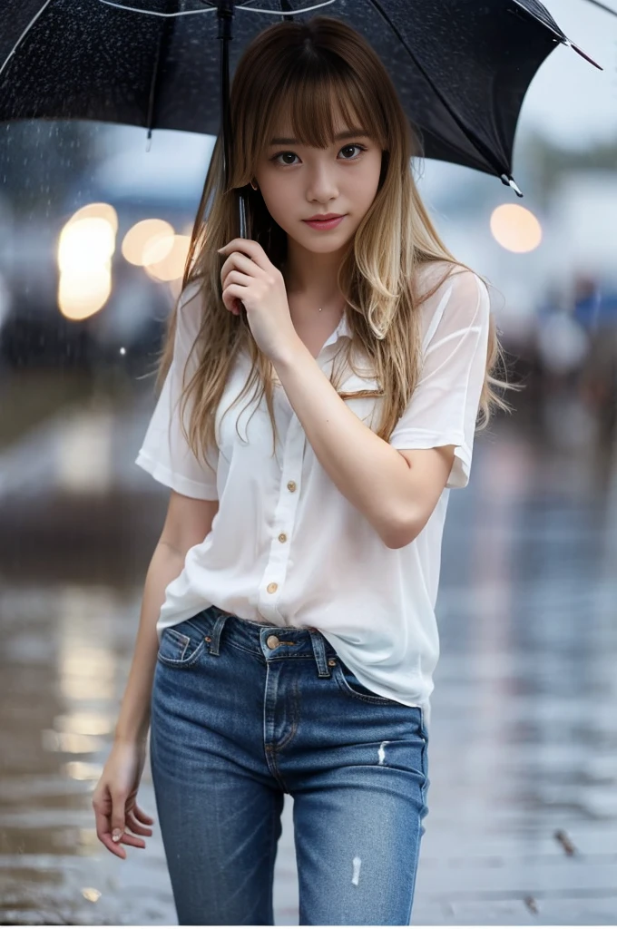 24year old beautiful girl、Half-Japanese beauty、Highest image quality、realistic、16K、beautiful woman、long hair、Blonde、blonde、With bangs、Pretty slim、heavy rain、While walking through the Beach in the rain、wet from heavy rain、Full body figure、WhiteTshirt、Denim jeans、Standing on the beach、大きめの胸、Heavy Rain、My hair got wet in the heavy rain、