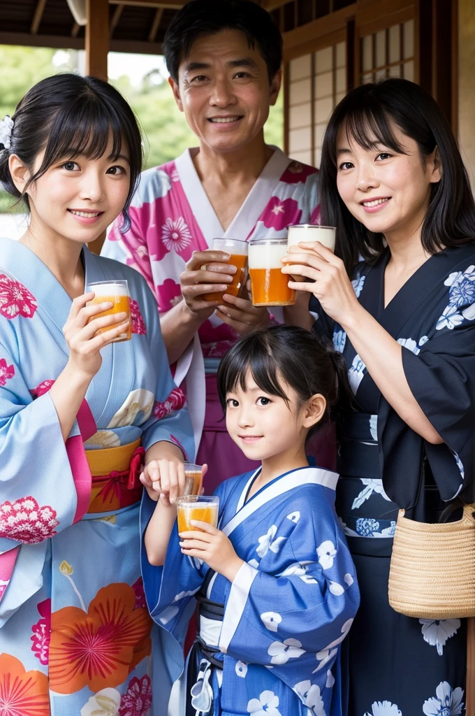 family、Parent and 、Wear a yukata、girl、cute、Japanese、Black Hair、Adults hold beer in their hands