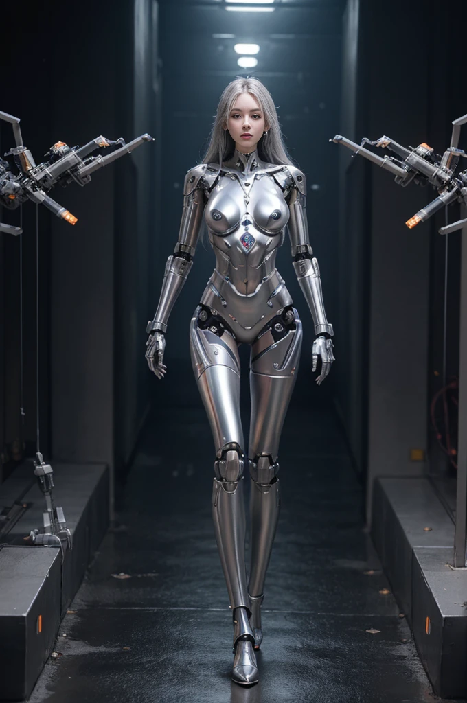 female robot, skin part is only face, silver metal skin, full metal robot body, mechanical parts, electronic wire, cum in pussy, high quality, medium breasts, long hair, tall, thigh gap, full body metal skin, wet, cum in pussy, metallic tits, separated breast, under repair, anatomical body, unreal engine