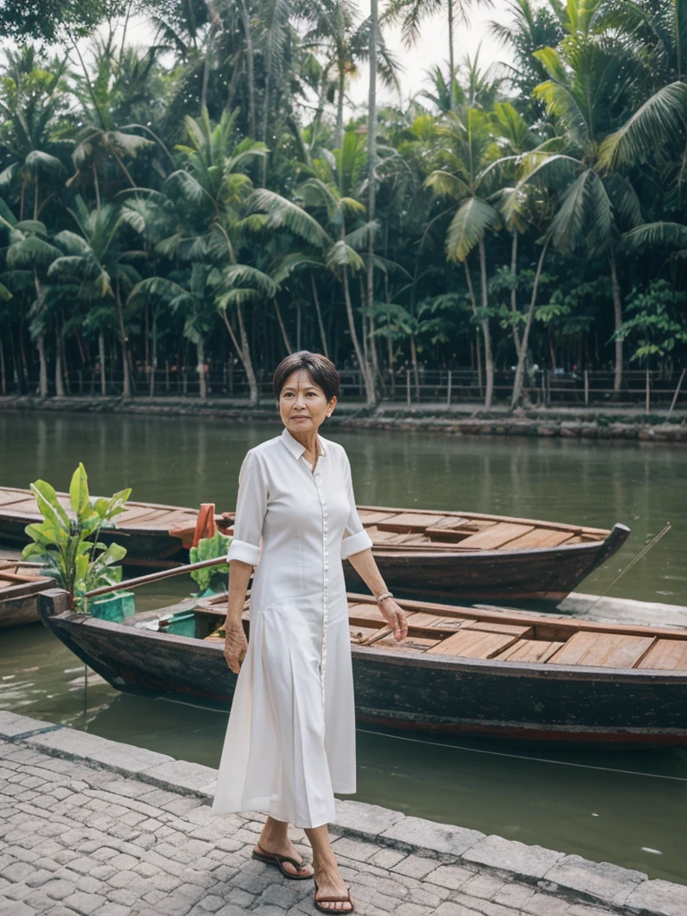Khin Than Nu, RAW PHOTO, her name is Chariya, high quality, 1 old woman, ((58-year-old slim THAI woman)), (((58 years old))), ((slim body)), ((wrinkled body)), (((old body))), (((short hair))), she is wearing a fashionable stylish Generation X wear different colors, POSE: standing, BREAK, BACKGROUND: outdoor, Along the tranquil banks of the Chao Phraya River, film grain