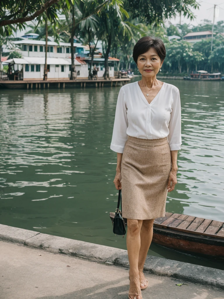 Khin Than Nu, RAW PHOTO, her name is Chariya, high quality, 1 old woman, ((58-year-old slim THAI woman)), (((58 years old))), ((slim body)), ((wrinkled body)), (((old body))), (((short hair))), she is wearing a fashionable stylish Generation X wear different colors, POSE: standing, BREAK, BACKGROUND: outdoor, Along the tranquil banks of the Chao Phraya River, film grain