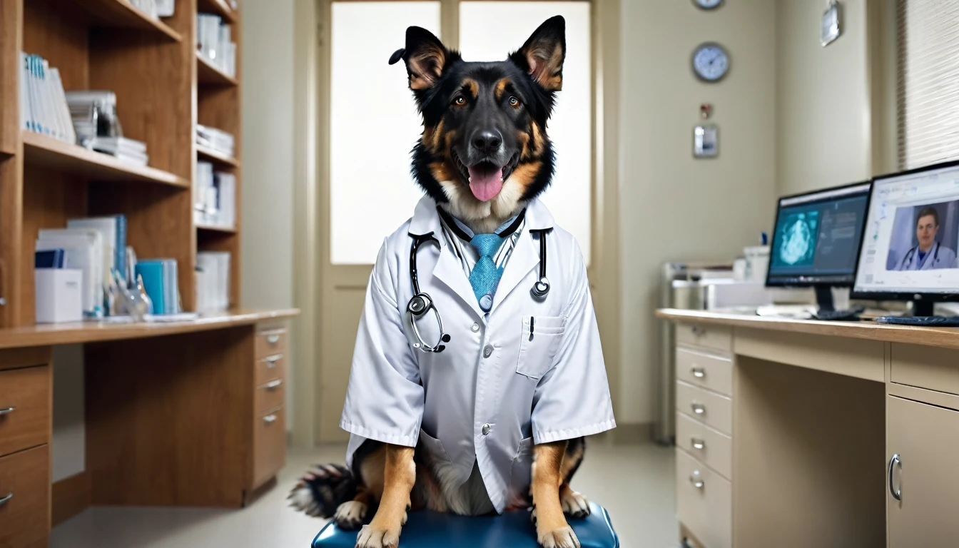A realistic photography of an Australien Shepard dog dressed like a doctor, (((dog is wearing a white doctor coat))),((dog is sitting in a doctors chair in front from a typical doctors desk)), computer, doctor room, background is a shelf with typical doctor books, background are typical doctor pictures, funny, happy, high detailed, uhd, hdr, 8k, soft lighting, view far away 