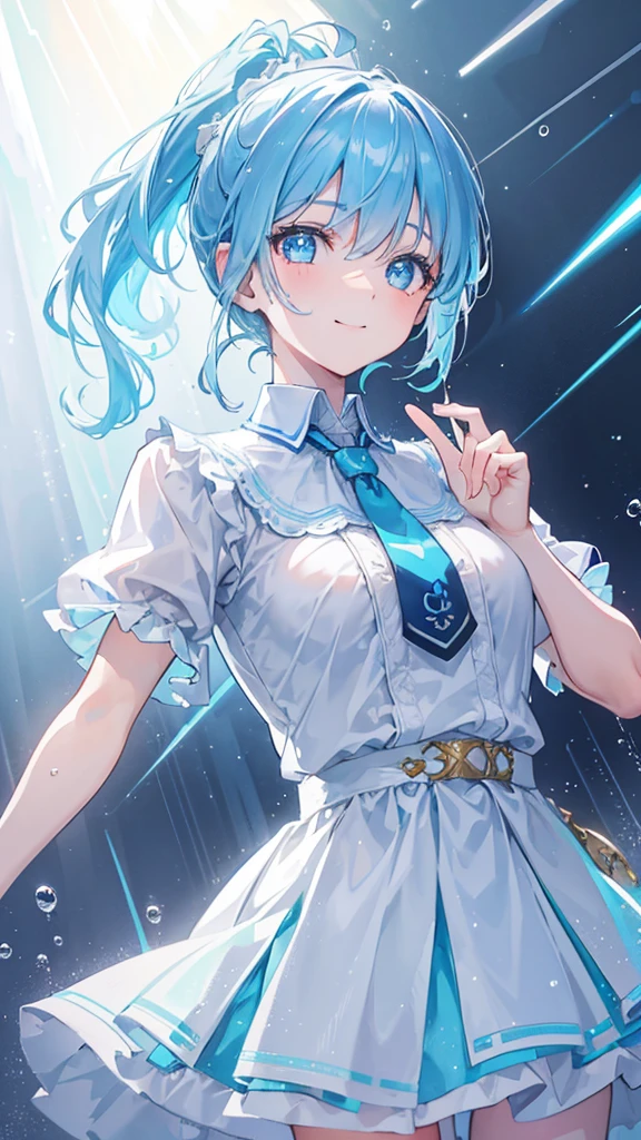 a young girl with a blue ponytail, large raindrops falling, raindrops glowing and refracting light, beams of light, light blue eyes, smiling and looking up at the sky, sunlight streaming in, best quality, 8k, high resolution, masterpiece