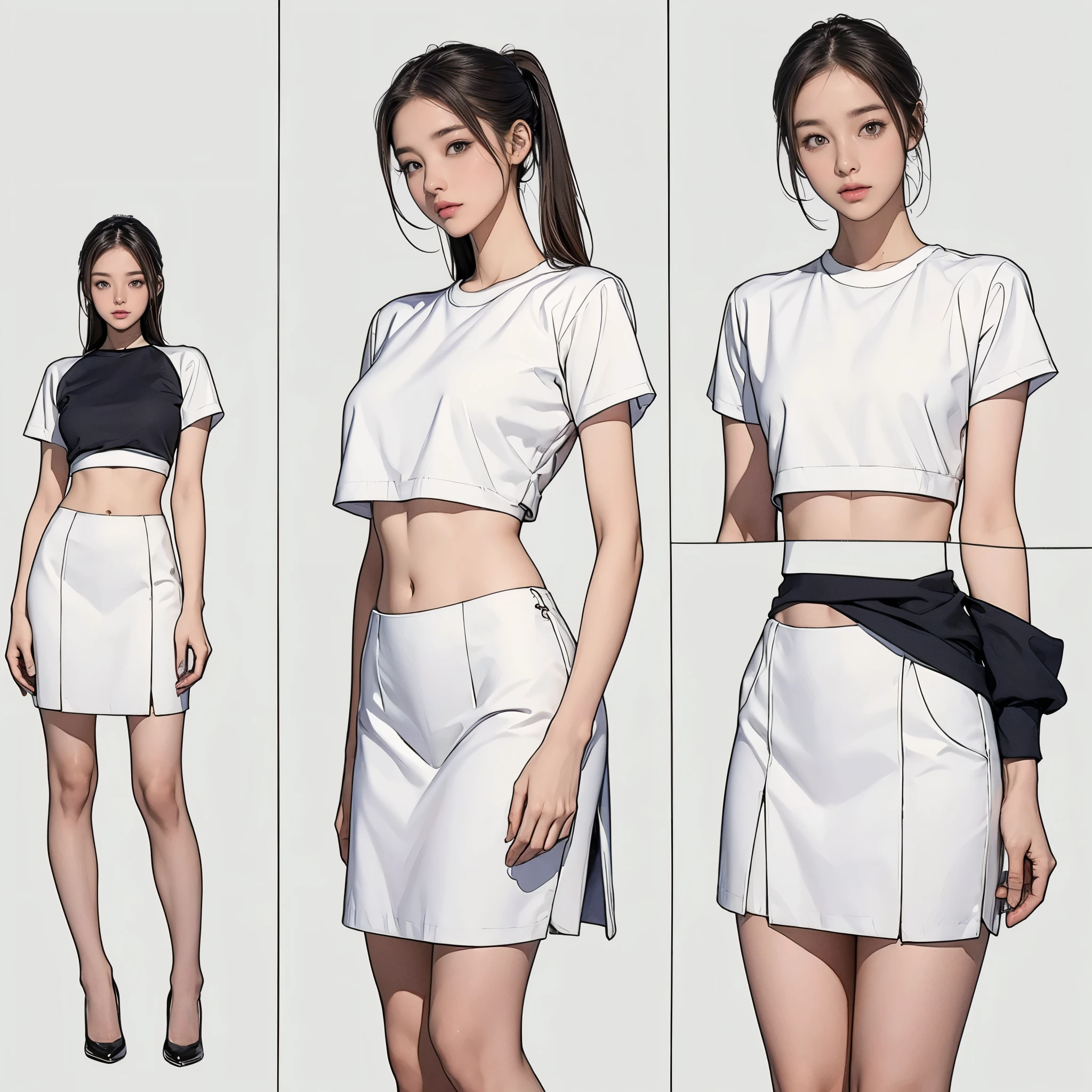 ((masterpiece,best quality;1.3,best illustration)),((character design sheet)) headphone, 1 woman,19 year old attractive beauty, seoul,crop top,(((no background))),Neutral and bold outfits, Simple and stylish outfit,