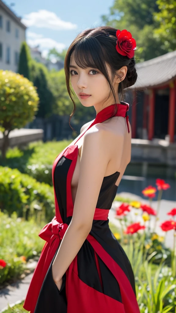 Anime girl in a red and black dress with a red flower in her hair, artwork in the style of Gweitz, Gweitz, Chinese Girl, Trending on cgstation, Cute anime waifu in a nice dress, Gweitz on pixiv artstation, palace , Girl in Hanfu, Beautiful digital art, Gweitz on artstation pixiv