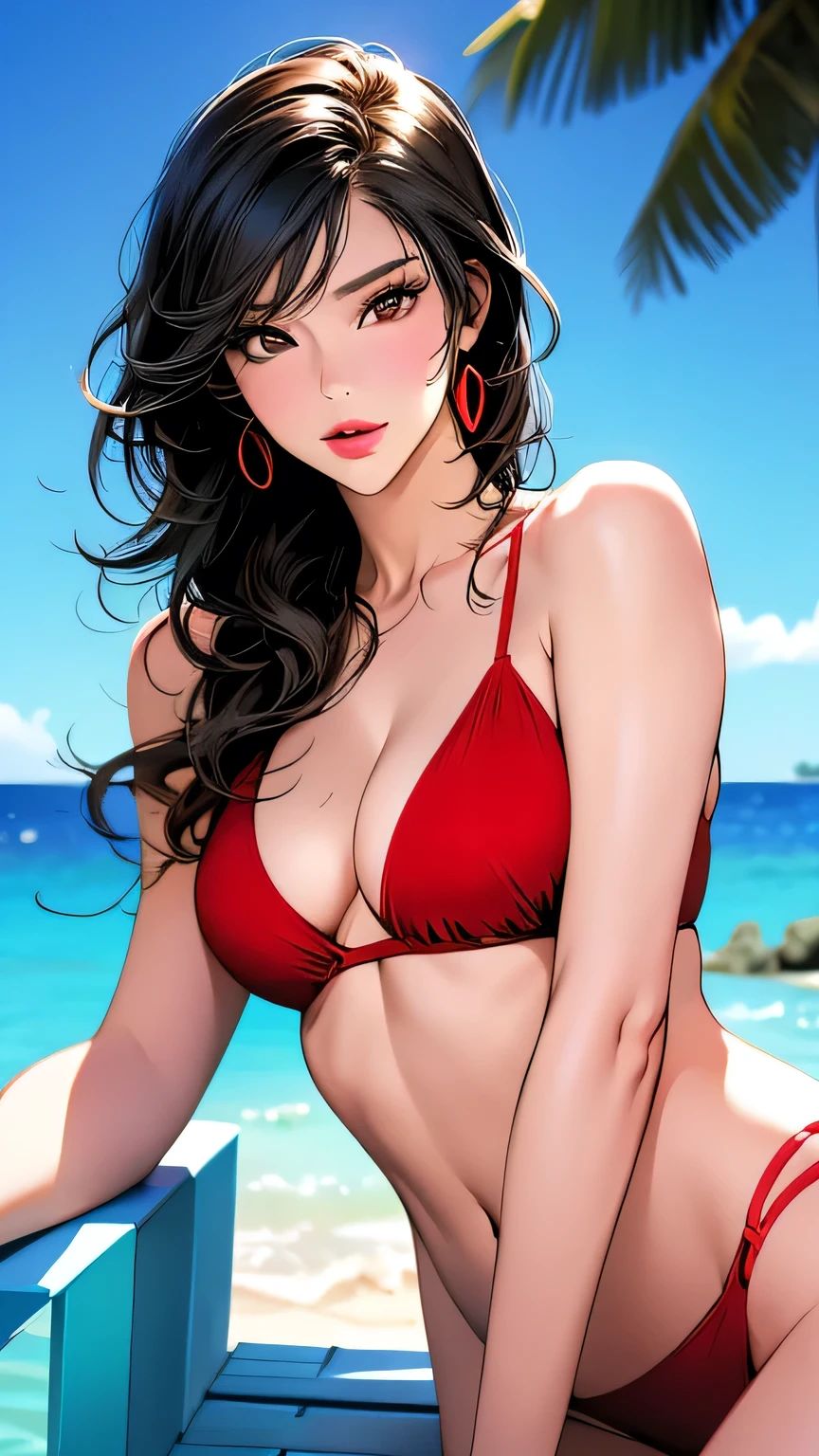 (Best lighting, Best Shadow, masterpiece, high quality), colorful, Vibrant, Summer mood, lots of bright colors, Beautiful woman in a red bikini set, Hair loss, Sit on the clear water and white sand, Bright blue sky. masterpiece, 最high quality, high quality, High resolution, (Upper body portrait)