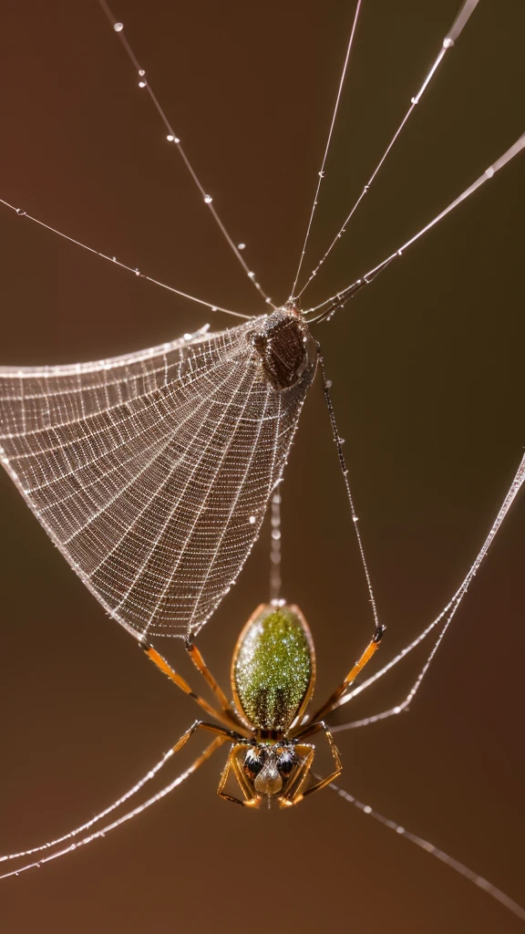 Morning dew on a spider's web between two autumn leaves, Droplets forming natural prisms, The calming colors of the forest stand out against the soft-focus background, Xinhai Chengfeng--ar 16:9 --Rainbow 6