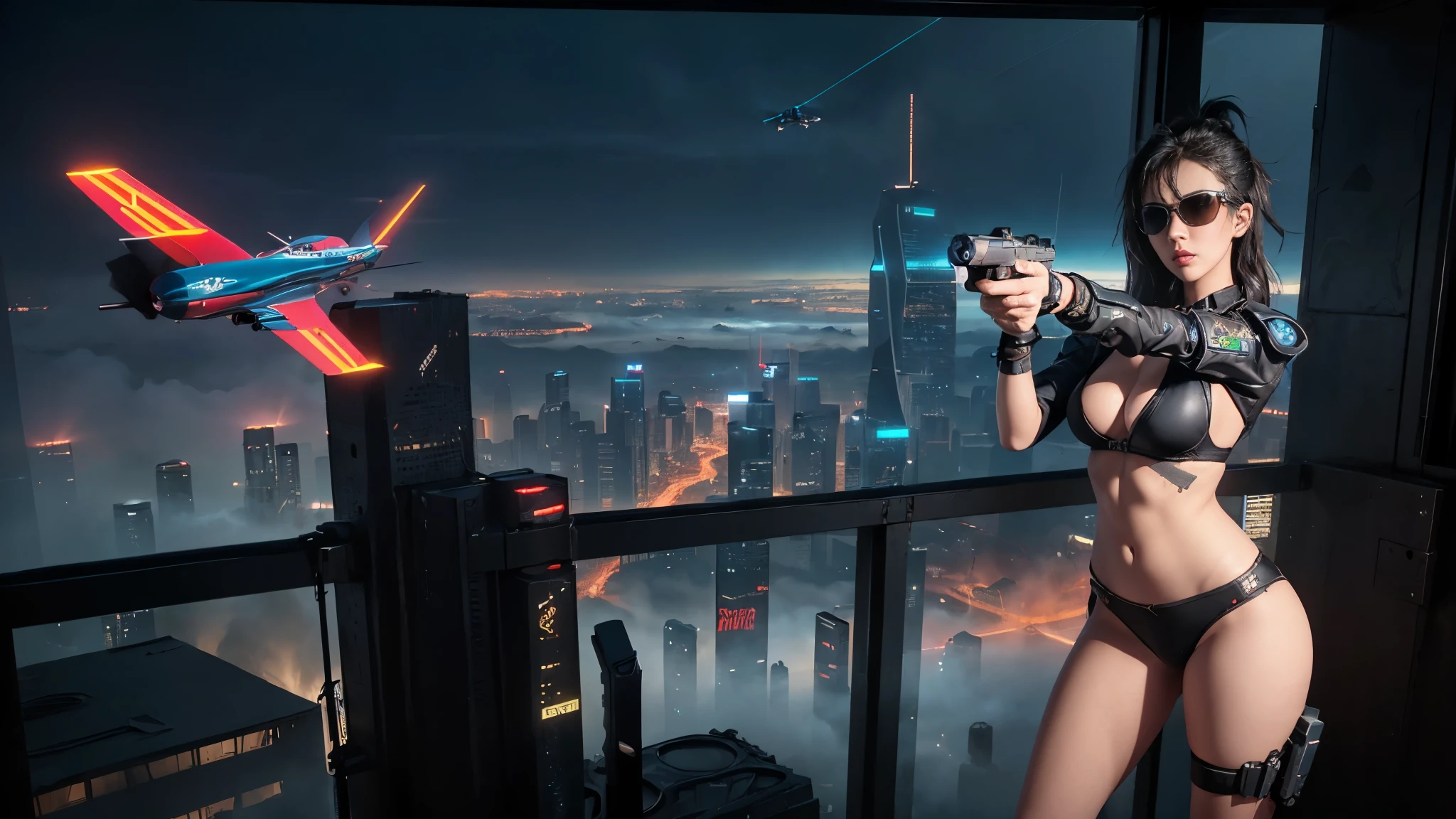 At night, dark sky, aerial view of cyberpunk city, giant Moai buildings, ((flying vehicle)). (1girl, solo), photo realistic, medium-breast:1.1 slim body, cleavage, sexy clothes, (black sunglasses), (((hip-up standing aiming pistol pose))), half-body thigh level medium shot, cinematic lighting.