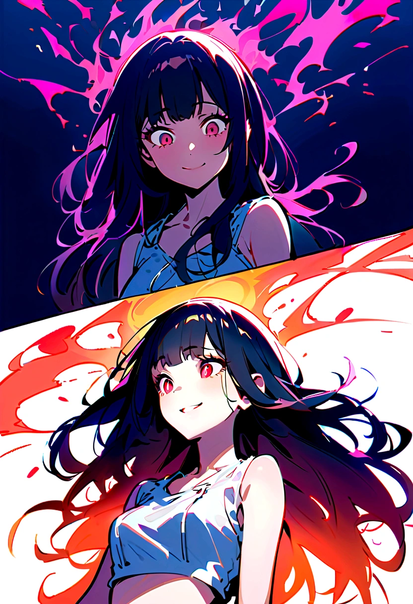 A young woman,3/4 view,eyes squinted,with an aura of madness, looking down, smiling evily,long hair,long eyelashes, tilting her head,wears a crop top,black hair, crazy yandere expression,has bangs.
