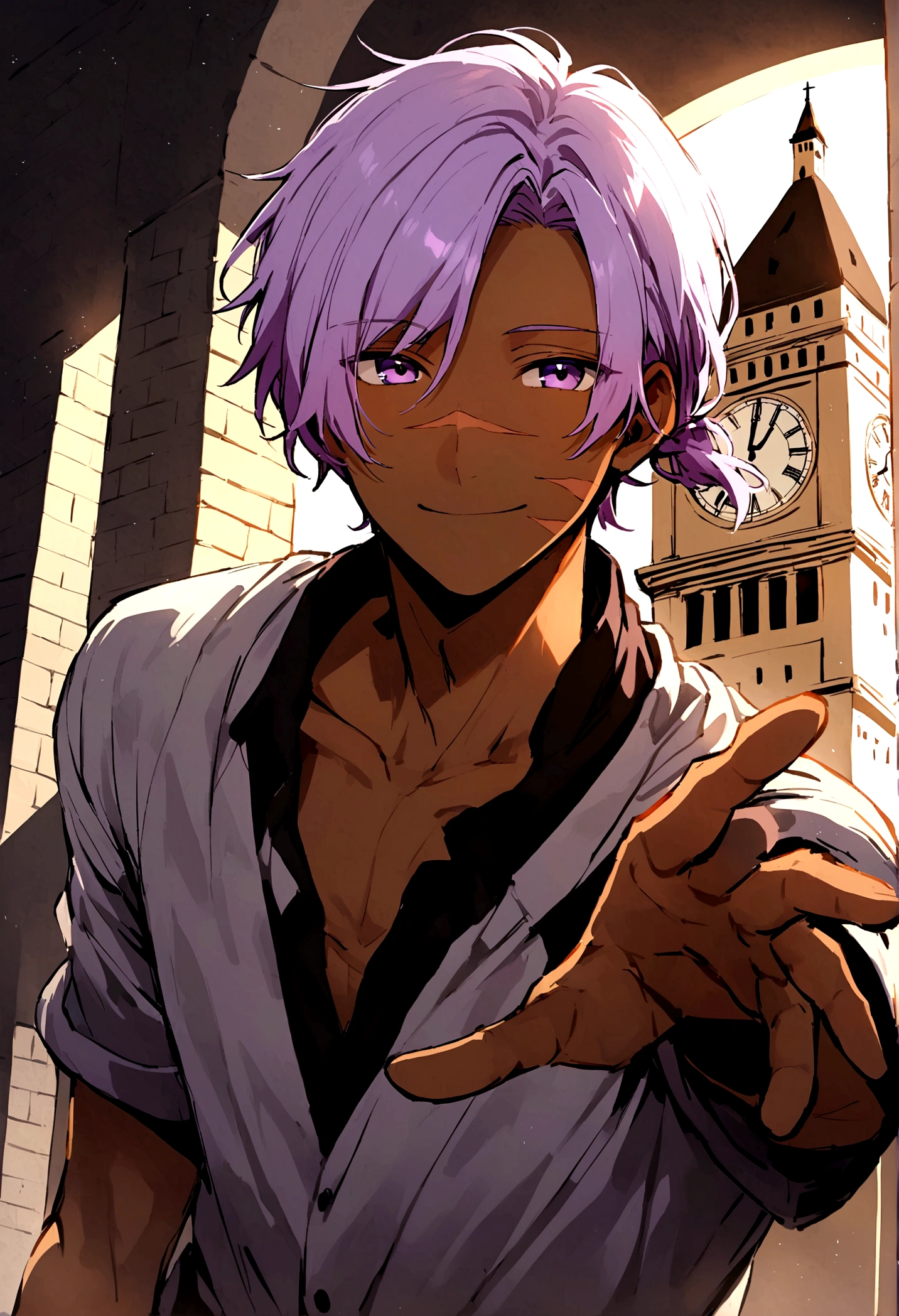 Beautiful youth,One Man,27 years old,Brown Skin,Light purple hair,Purple eyes,Upper Body,Simple hairstyles,masculine body,smile,Reaching out,Standing on top of the clock tower,Light shines in,Half of the face is in the light,Shadow on half of face,Scar on left cheek.
