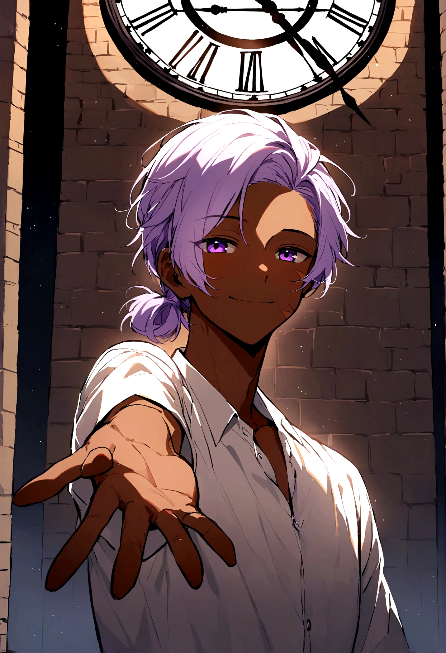 Beautiful youth,One Man,27 years old,Brown Skin,Light purple hair,Purple eyes,Upper Body,Simple hairstyles,masculine body,smile,Reaching out,Standing on top of the clock tower,Light shines in,Half of the face is in the light,Shadow on half of face,Scar on left cheek.