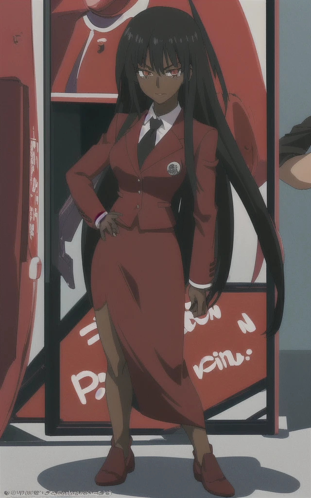 90s anime adult Evil black skinned business woman in a red skirt and red blazer suit full body