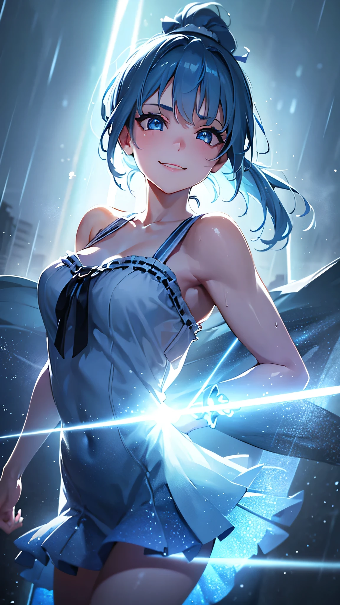 a young girl with a blue ponytail, large raindrops falling, raindrops glowing and refracting light, beams of light, light blue eyes, smiling and looking up at the sky, sunlight streaming in, best quality, 8k, high resolution, masterpiece