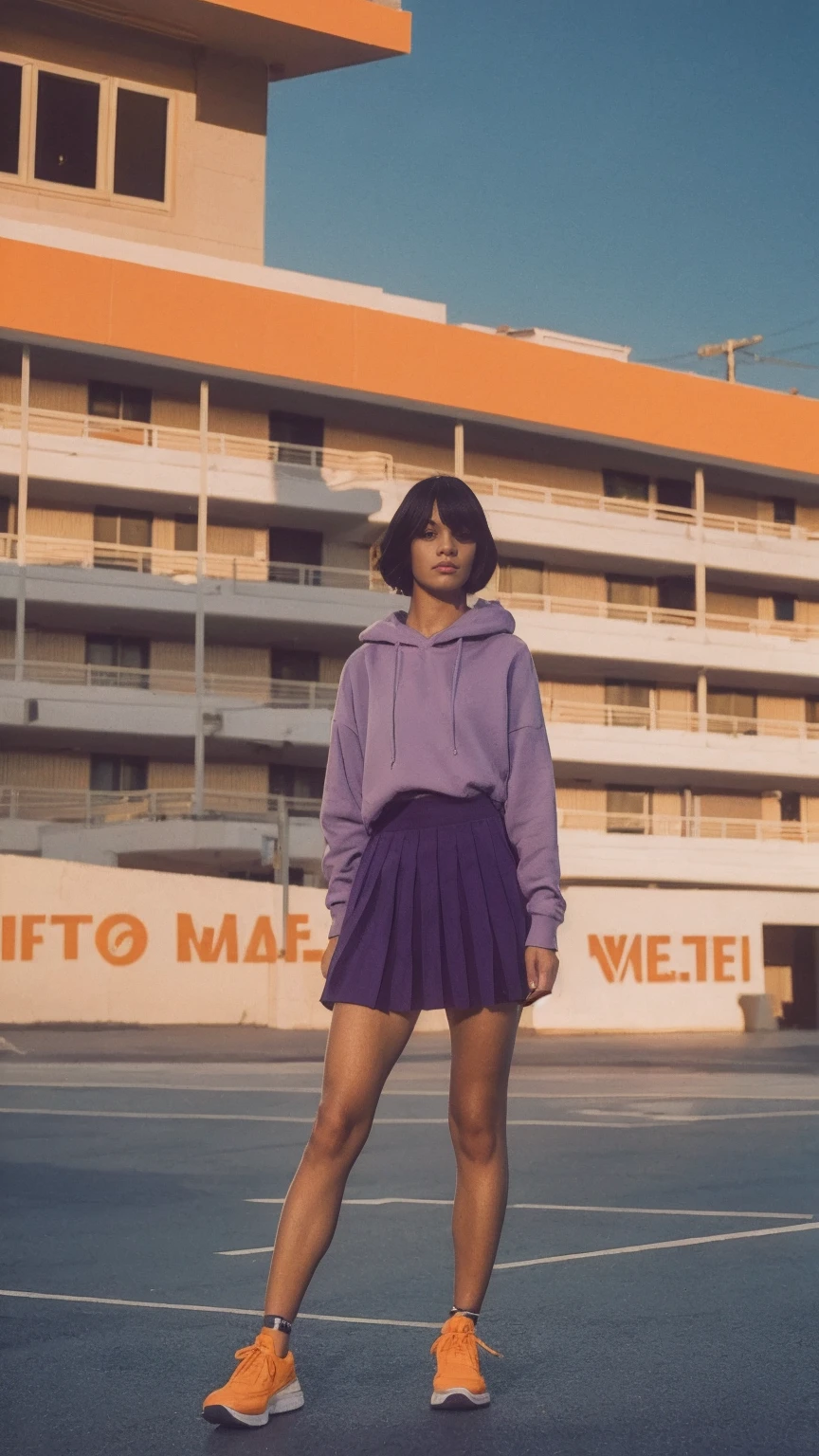 analog film photo cinematic photograph long shot portraits by Wes Anderson, cute 23 yo girl ,fokus, bokeh ,wear ((orange color oversized_hoodie)), wear ((purple tennis skirt)),looking front,Best Quality,Masterpiece,Ultra High Resolution,(Realisticity:1.4),Original Photo, 1Girl, light leak,ultra high resolution,UHD,beautiful, (black bob hair), almond eye, no makeup, in front of (80's mondrian architecture motel), (realistic:1.2), (surreal:1.3), (very detailed:1.1), ((masterpiece)),summer, blue sky, palm trees,sunny, los angles vibes,film camera, 800mm lens,style of Philip Lorca diCorcia