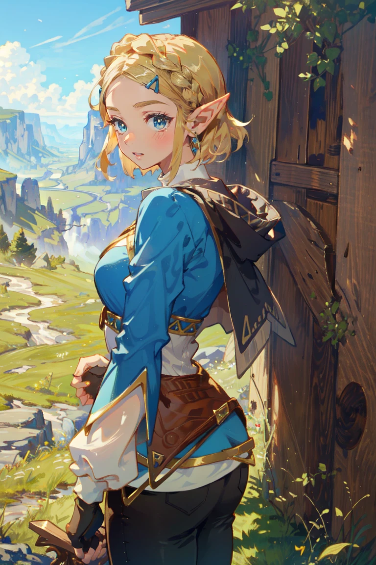 ((Masterpiece, top quality, high resolution)), ((highly detailed CG unified 8K wallpaper)), 1girl, Princess Zelda, short hair, crown braid, hairclip, pointy ears, brown cape, blue shirt, puffy sleeves, long sleeves, fingerless gloves, black gloves, black pants, tight pants, aazelda, long hair, crown braid, hairclip, pointy ears, blue shirt, long sleeves, fingerless gloves, black gloves, black pants, tight pants sweating, outdoors, grass, meadow, cliffs, stony,