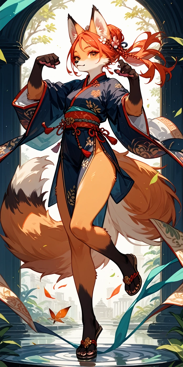 top quality, ancient Chinese beauty, absurdres, perfect anatomy, kemono, solo focus, furry anthro, fox facial features, fox body features, very detailed body fur, full body, dancing pose,