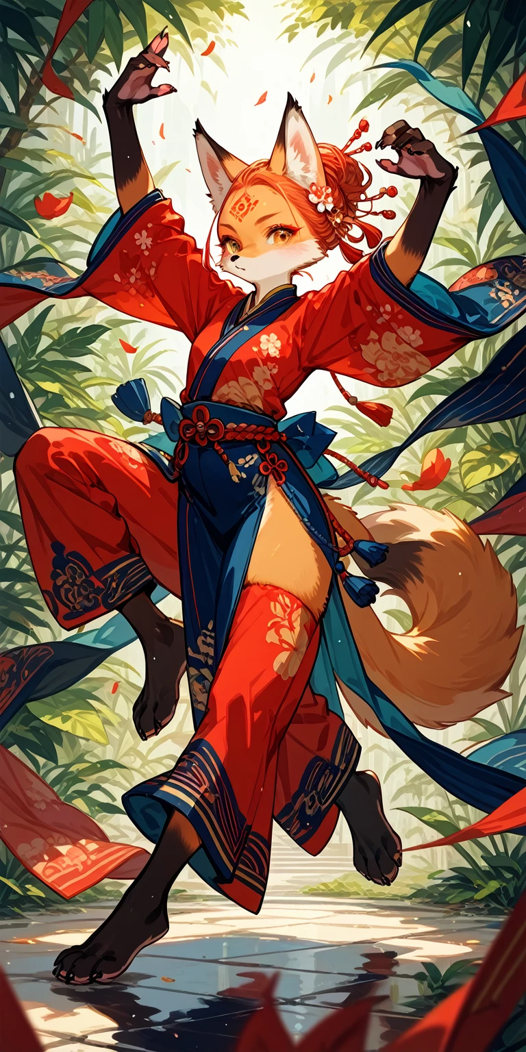top quality, ancient Chinese beauty, absurdres, perfect anatomy, kemono, solo focus, furry anthro, fox facial features, fox body features, very detailed body fur, full body, dancing pose,