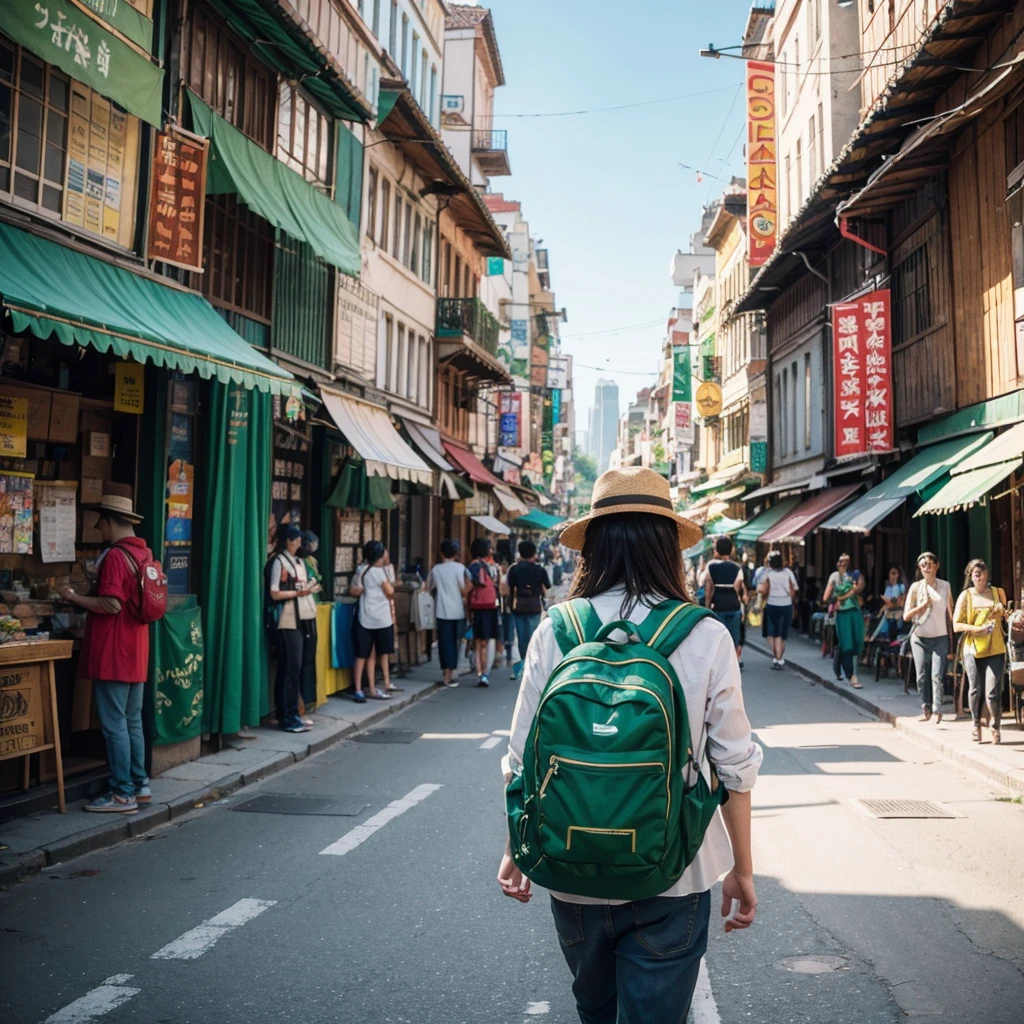 Create an image of a man wearing green clothes and a hat, carrying a backpack, and exploring the world with a sense of freedom and optimism. Surround him with a vibrant and dynamic background, featuring bustling city streets, exotic landscapes, or colorful cultural festivals. Capture the adventurous spirit and open-mindedness of a campaigner type against a backdrop that enhances the excitement and diversity of his travels.