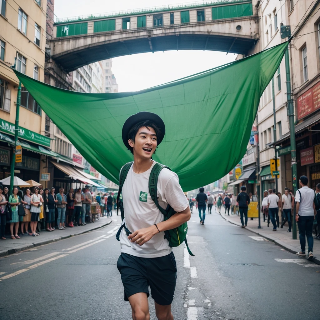 Create an image of a man wearing green clothes and a hat, carrying a backpack, and exploring the world with a sense of freedom and optimism. Surround him with a vibrant and dynamic background, featuring bustling city streets, exotic landscapes, or colorful cultural festivals. Capture the adventurous spirit and open-mindedness of a campaigner type against a backdrop that enhances the excitement and diversity of his travels.