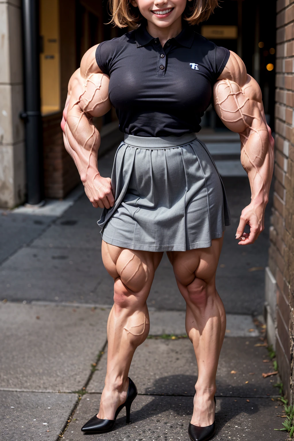 (Muscular:1.7), (large round breasts:1.4), (large muscular chest and shoulders:1.1), (tween girl:2.1), FEMALE, brown hair, long brown hair, (big smile:1.6), (wearing a polo shirt and formal skirt and high heels:1.5), looking at viewer, (facing camera view:1.2), upper body view, (sidewalk:1.6), dark lighting, detailed skin, detailed eyes, (clean skin:1.5), (tiny waist:1.5), exaggerated hourglass physique, (huge body muscles:1.7), (one protagonist:1.5), (tall:1.9),