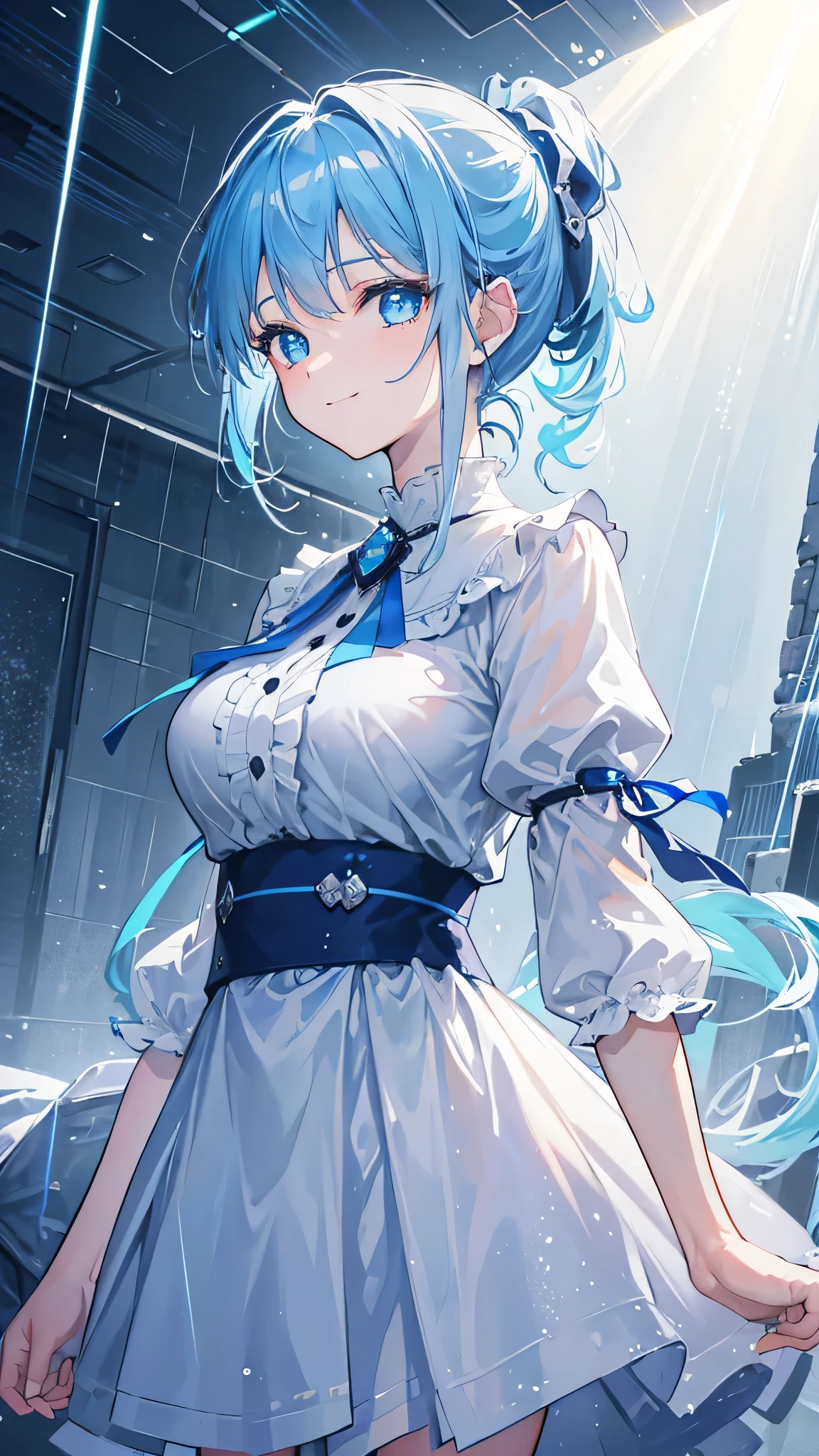 a young girl with a blue ponytail, large raindrops falling, raindrops glowing and refracting light, beams of light, light blue eyes, smiling and looking up at the sky, sunlight streaming in, best quality, 8k, high resolution, masterpiece