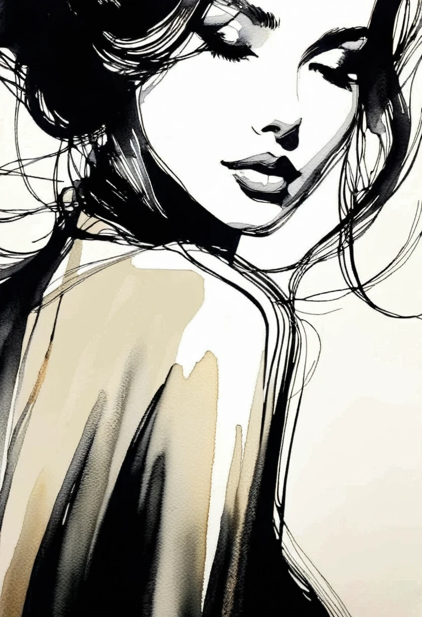 Elegant girl, black and white ink painting, pen sketch, loose strokes, fine lines outlined with pen, flowing movements, subtle ink tones, elegant gestures, calm expression, delicate features, ink, smudged, black and white, clean, light beige background