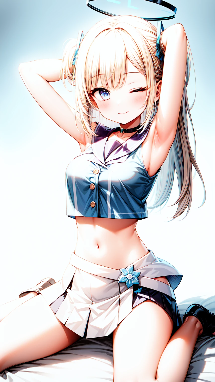 1girl,masterclass,best quality, illustration, solo, yuukaidol, ;), smile, one eyes closed,on bed,blush,breasts,full_body,wariza,spread legs,arm up, arm behind head, direct lighting to face