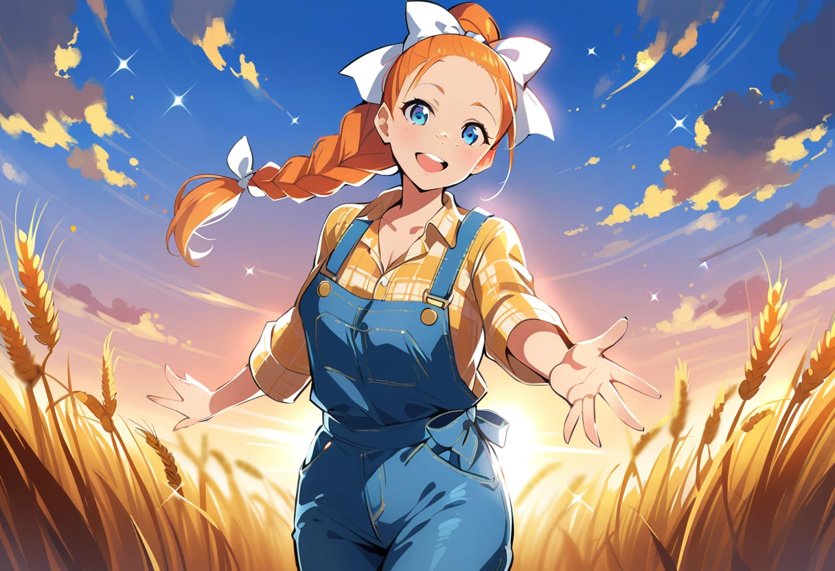 pewarnaan character, visual illustration, @ANN, ann \(harvest moon\), ran \(bokujou monogatari\), aged up, 1girl, ponytail, braid, braided ponytail, single braid, forehead, solo, (overalls), outdoors, sky, wheat, field, (blue overalls), smile, blue eyes, wheat field, looking at viewer, breasts, long sleeves, yellow shirt, orange hair, blonde hair, cowboy shot, collarbone, collared shirt, cleavage, denim, upper teeth only, medium breasts, standing, teeth, oversized clothes, long hair, partially unbuttoned, pants, oversized shirt, buttons, head tilt, flat chest, hair bow, white bow, tomboy, round teeth, plaid shirt, denim overalls, mature female, tall, tall female, slim body, freckles, twilight, cloudy sky, scenery, reaching, grass, floating braid, sunset, cloud, scenery, jeans, bow, hair ribbon, sparkle, sunbeam, light rays, highres, 4k, 8k