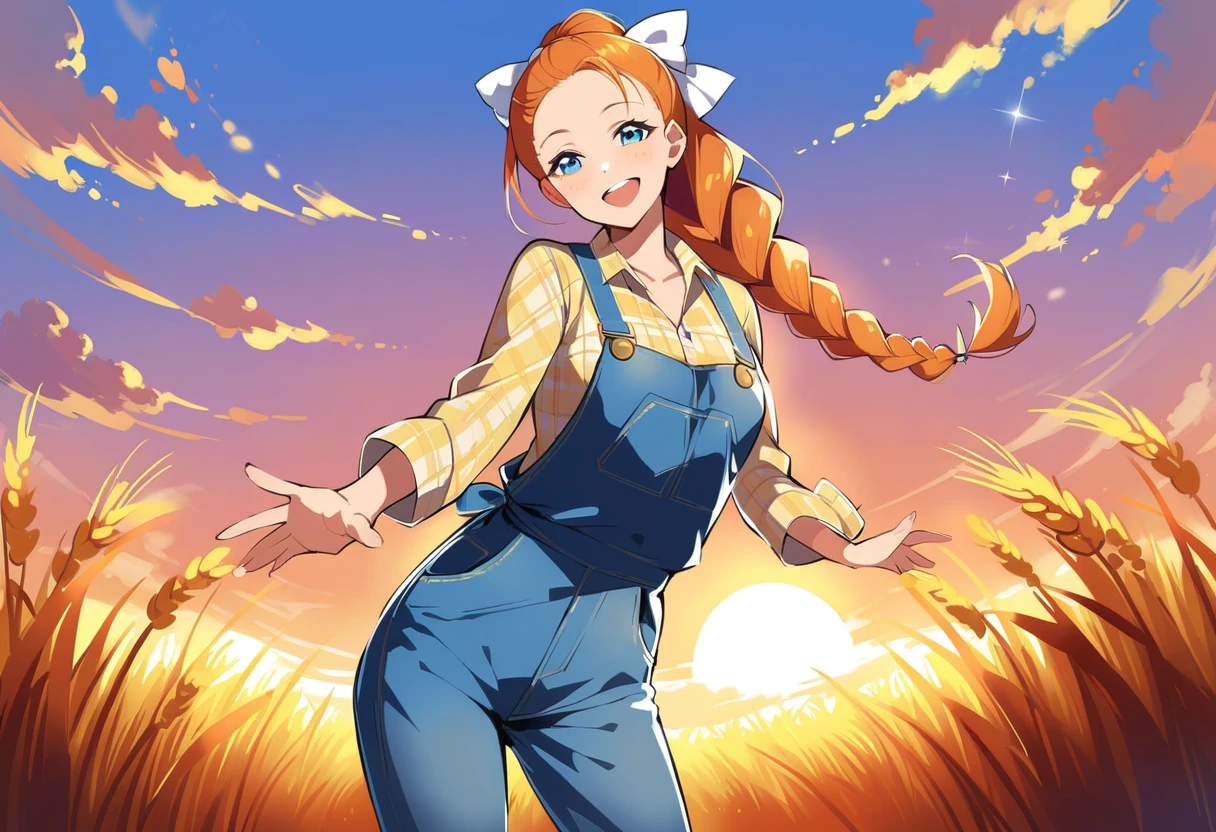 pewarnaan character, visual illustration, @ANN, ann \(harvest moon\), ran \(bokujou monogatari\), aged up, 1girl, ponytail, braid, braided ponytail, single braid, forehead, solo, (overalls), outdoors, sky, wheat, field, (blue overalls), smile, blue eyes, wheat field, looking at viewer, breasts, long sleeves, yellow shirt, orange hair, blonde hair, cowboy shot, collarbone, collared shirt, cleavage, denim, upper teeth only, medium breasts, standing, teeth, oversized clothes, long hair, partially unbuttoned, pants, oversized shirt, buttons, head tilt, flat chest, hair bow, white bow, tomboy, round teeth, plaid shirt, denim overalls, mature female, tall, tall female, slim body, freckles, twilight, cloudy sky, scenery, reaching, grass, floating braid, sunset, cloud, scenery, jeans, bow, hair ribbon, sparkle, sunbeam, light rays, highres, 4k, 8k