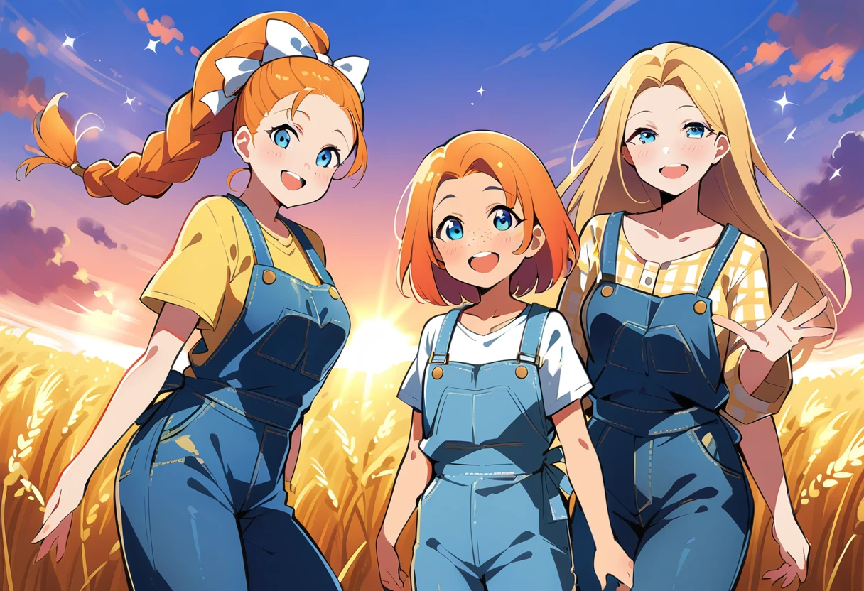 pewarnaan character, visual illustration, @ANN, ann \(harvest moon\), ran \(bokujou monogatari\), aged up, 1girl, ponytail, braid, braided ponytail, single braid, forehead, solo, (overalls), outdoors, sky, wheat, field, (blue overalls), smile, blue eyes, wheat field, looking at viewer, breasts, long sleeves, yellow shirt, orange hair, blonde hair, cowboy shot, collarbone, collared shirt, cleavage, denim, upper teeth only, medium breasts, standing, teeth, oversized clothes, long hair, partially unbuttoned, pants, oversized shirt, buttons, head tilt, flat chest, hair bow, white bow, tomboy, round teeth, plaid shirt, denim overalls, mature female, tall, tall female, slim body, freckles, twilight, cloudy sky, scenery, reaching, grass, floating braid, sunset, cloud, scenery, jeans, bow, hair ribbon, sparkle, sunbeam, light rays, highres, 4k, 8k