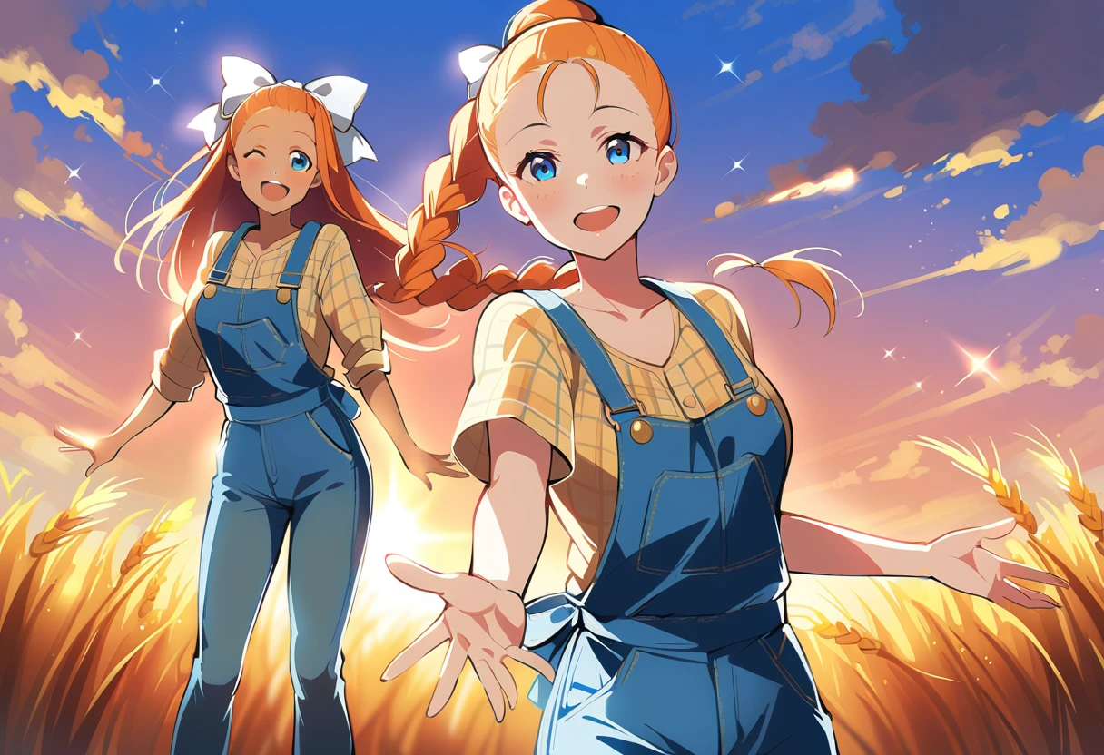 pewarnaan character, visual illustration, @ANN, ann \(harvest moon\), ran \(bokujou monogatari\), aged up, 1girl, ponytail, braid, braided ponytail, single braid, forehead, solo, (overalls), outdoors, sky, wheat, field, (blue overalls), smile, blue eyes, wheat field, looking at viewer, breasts, long sleeves, yellow shirt, orange hair, blonde hair, cowboy shot, collarbone, collared shirt, cleavage, denim, upper teeth only, medium breasts, standing, teeth, oversized clothes, long hair, partially unbuttoned, pants, oversized shirt, buttons, head tilt, flat chest, hair bow, white bow, tomboy, round teeth, plaid shirt, denim overalls, mature female, tall, tall female, slim body, freckles, twilight, cloudy sky, scenery, reaching, grass, floating braid, sunset, cloud, scenery, jeans, bow, hair ribbon, sparkle, sunbeam, light rays, highres, 4k, 8k