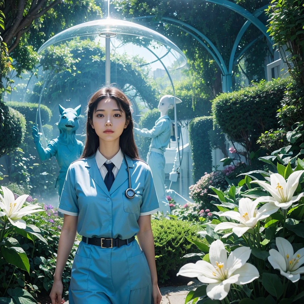 Generate a creative and imaginative image of a kind-looking woman wearing a light blue nurse uniform, embodying the qualities of an advocate type. Set her in a fantastical and dreamlike background, such as a surreal garden with oversized flowers and whimsical creatures, or a futuristic medical facility with advanced technologies and holographic displays. Infuse the image with elements of fantasy and creativity, showcasing her role as an advocate who brings hope and magic to those she cares for.