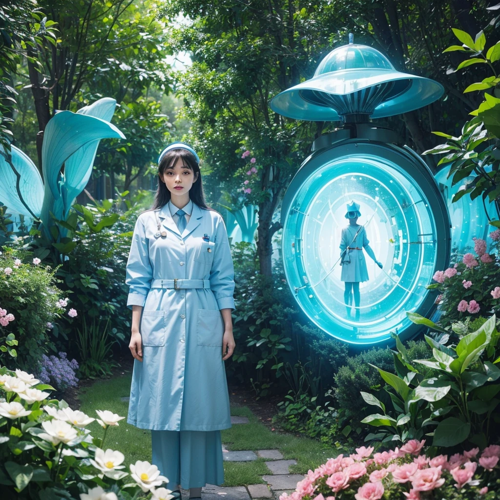 Generate a creative and imaginative image of a kind-looking woman wearing a light blue nurse uniform, embodying the qualities of an advocate type. Set her in a fantastical and dreamlike background, such as a surreal garden with oversized flowers and whimsical creatures, or a futuristic medical facility with advanced technologies and holographic displays. Infuse the image with elements of fantasy and creativity, showcasing her role as an advocate who brings hope and magic to those she cares for.