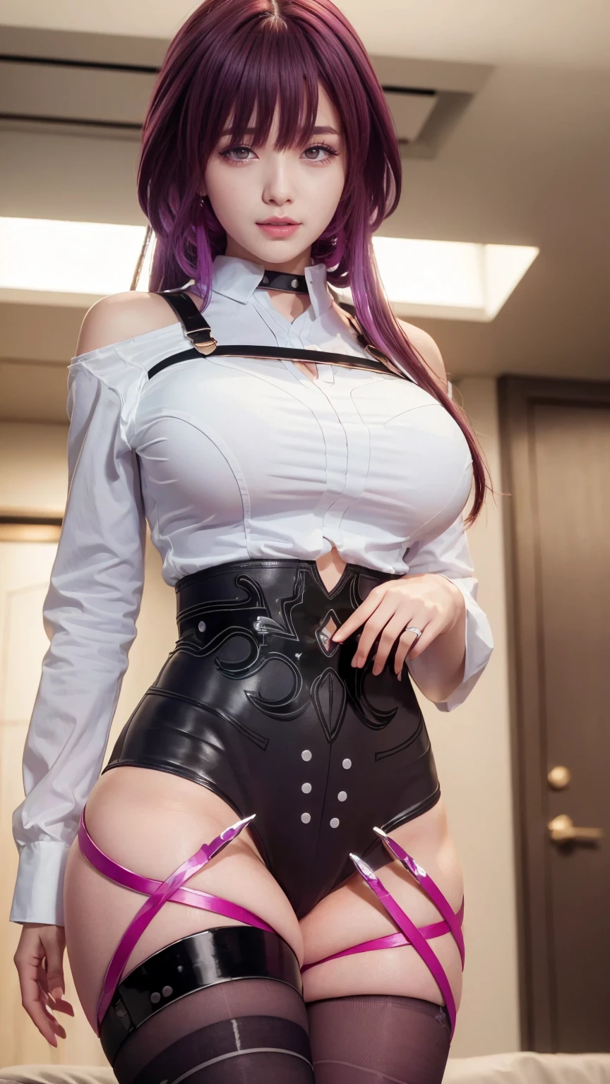 ((masterpiece)),((Highest quality)),High resolution,Extremely detailed CG,Perfect lighting,8k wallpaper, One Girl,Purple Hair,Very long hair、Very large breasts、Very big ass、very thick legs、smile、Short skirt、black tights、White Shirt、(nsfw)