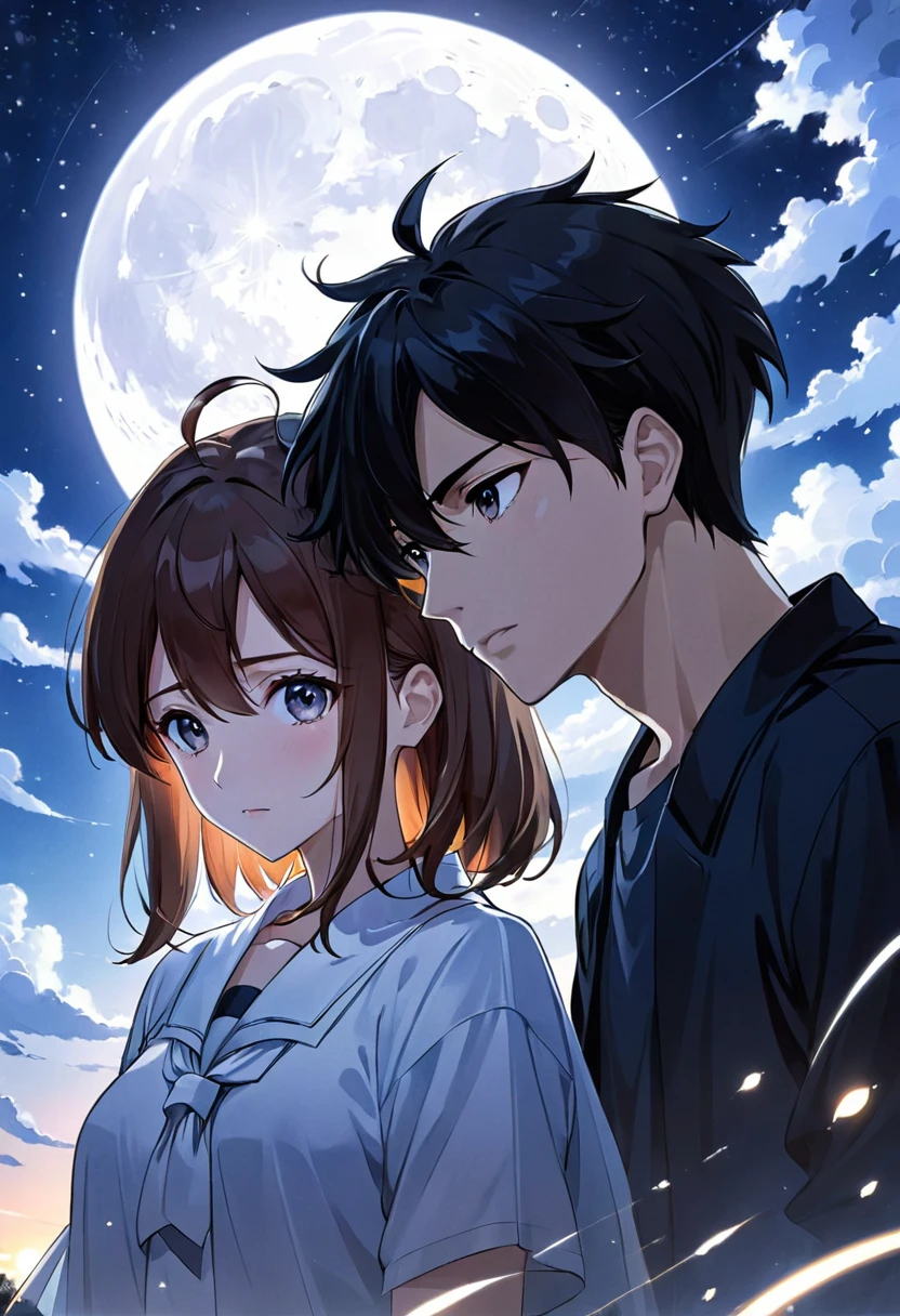 Anime couple in front of the full moon and stars, 4k comics wallpaper, Anime style portrait, Artwork in the style of Guweiz, Comic cover style, , Clean and detailed anime style, guys, Digital Anime Illustration, Clean and detailed anime art, Detailed comic style, illustration animation, anime style illustration, Anime style 4k, Detailed digital anime art((Look at the audience)))