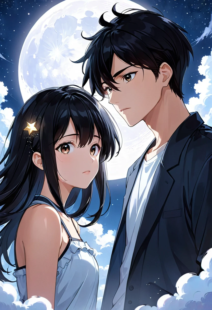 Anime couple in front of the full moon and stars, 4k comics wallpaper, Anime style portrait, Artwork in the style of Guweiz, Comic cover style, , Clean and detailed anime style, guys, Digital Anime Illustration, Clean and detailed anime art, Detailed comic style, illustration animation, anime style illustration, Anime style 4k, Detailed digital anime art((Look at the audience)))