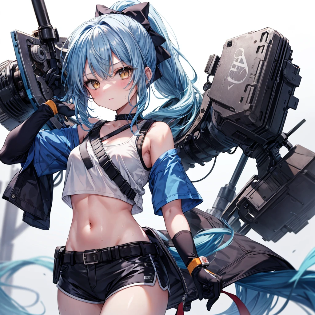 ((Highest quality)), ((masterpiece)), ((detailed)), (4K), a girl with blue hair and a top with short sleeves holding a screw driver, 1girl, 独奏, long hair, blue hair, navel, gloves, shorts, breasts, white background, sweat, wrench, short shorts, very long hair, underwear, panties, holding, belt, arm up, ponytail, small breasts, simple background, looking at viewer, black gloves, white panties, sports bra, wiping sweat, bow, bare shoulders, bangs, cowboy shot, yellow eyes, midriff, hair bow