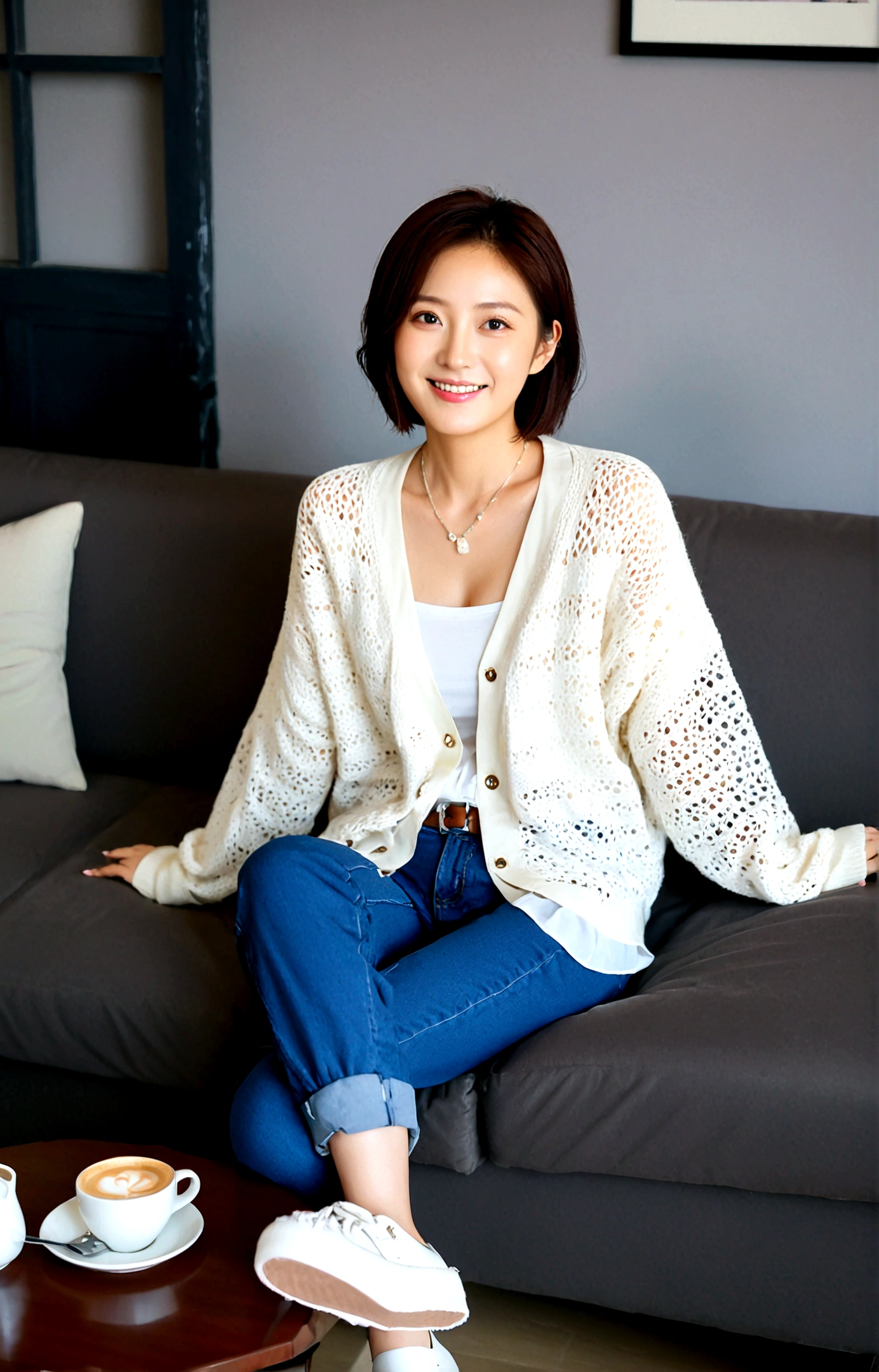 Beautiful Korean Woman , 32 inch chest size, Your eyes are big and pretty. Wearing a cardigan with a blouse, casual pants, short medium hair, Smile. necklace, sit on the sofa , coffee on the table, uhd