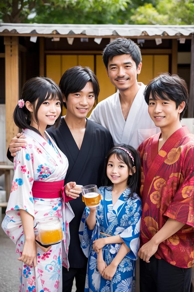 family、Parent and 、Wear a yukata、girl、cute、Japanese、Black Hair、Holding a beer、Men wear black yukata