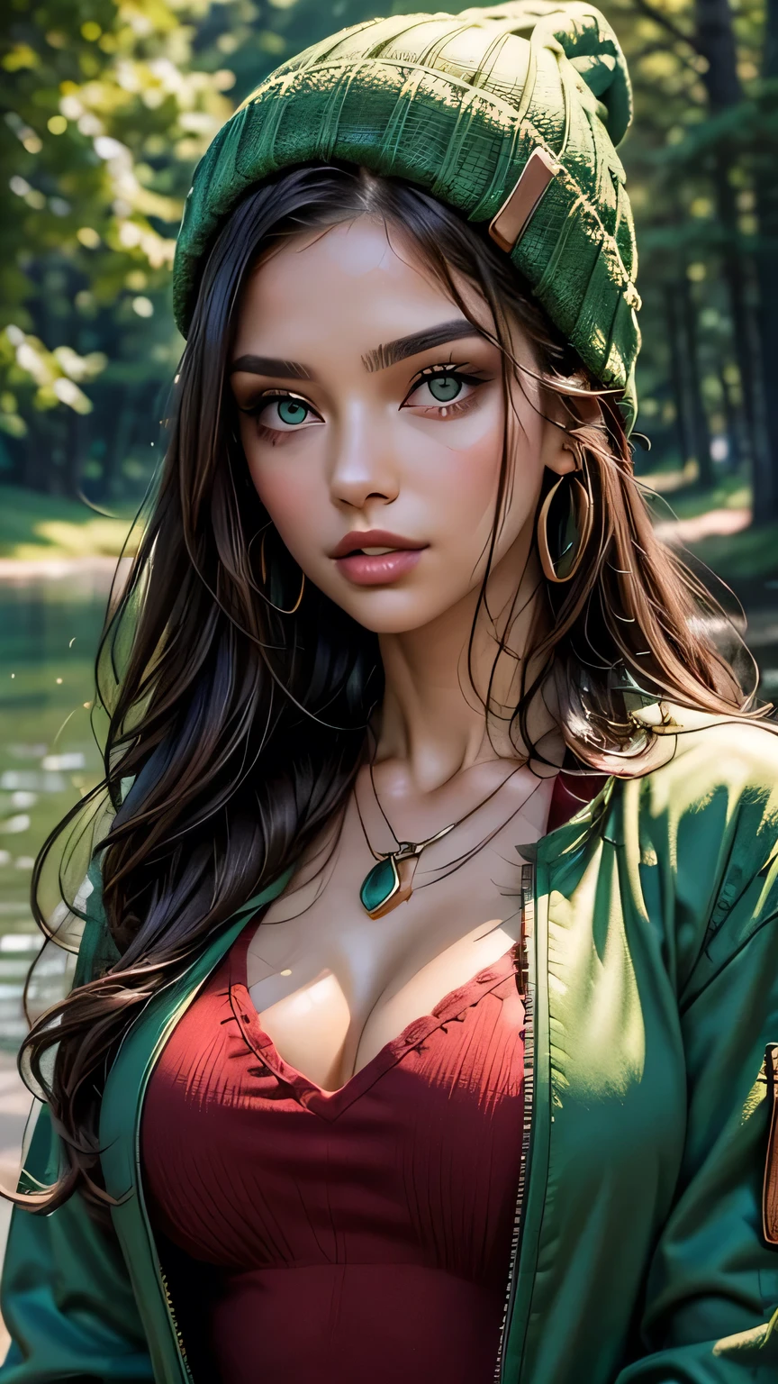 Very very very sexy girl, brunette hair style, wearing a woollen beanie, wearing red laced collar, wearing green jewellery, necklace, earnings, wearing a green jacket, body shot, Detailed skin, Detailed Face, Detailed Lips, Detailed Eyes, ((bule eyes)),  light make up, textured skin, super detail lighting, country background, summer atmosphere, lake, 