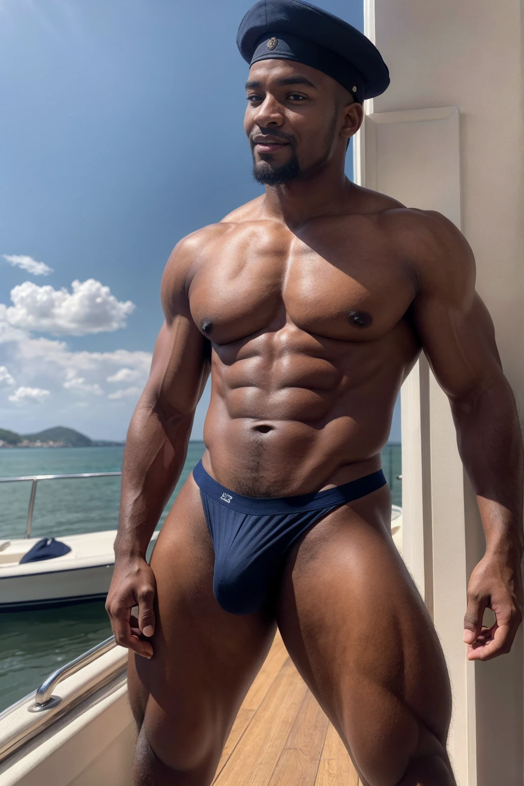 1man, (Brown Eyes), happy smile, African American man,60 years old,young,thick body, slender, sport body build,Handsome sexy black man, perfect body, male body aesthetics, skin texture,masterpiece, best quality, high resolution, closeup portrait, male focus, solo focus, a black man, dark skin, with sailor clothes, bare chest, body hair, facial hair, muscular, sailor hat, in the background a boat, amazing composition, front view, HDR, ultra quality, elegant, highly detailed, wearing navy blue colors micro thong with medium bulge,pale skin, skinny, good lighting, very pale skin, light skin, model with attractive body,medium bulge and medium butts,(Best quality, 8k, Masterpiece). High Detail , superior quality, natural lighting, beautiful, sexy, correct anatomy, good composition,realistic shapes, realistic skin tones,Natural eyes,realistic eyes,looking up at viewer,vpl,realistic muscles,Realistic wrinkles on the skin,Realistic arms and legs,Realistic face,realistic hair,Make a sexy and seductive face, Clear Focus: 1.2, Perfect Body virile: 1.4 , Slender Abs: 1.2, Highly detailed face and skin texture, detailed eyes, double eyelids, big upper lip, man focus,amazing composition, front view, HDR, volumetric lighting, ultra quality, elegant,Post a erotic photoshoot,Realistic pose,detailed hair,full body,Fujifilm XT3 photorealistic art by midjourney