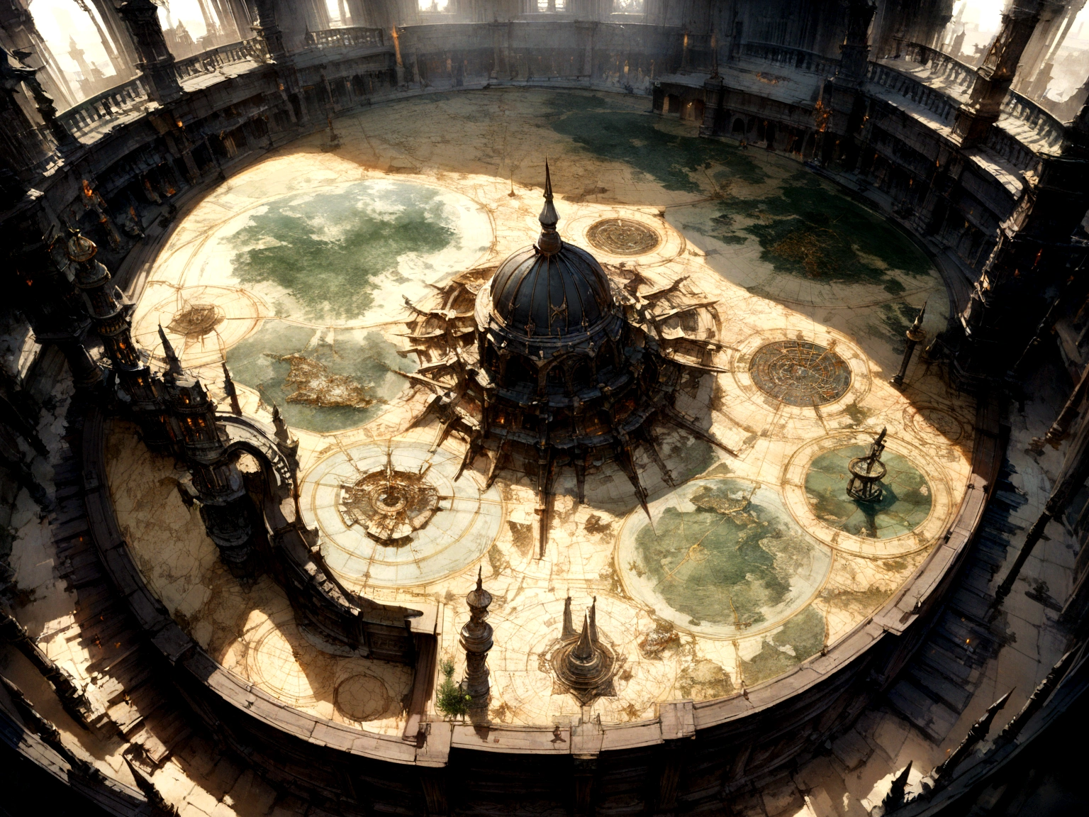 Aerial view taken directly from a drone from above, Parchment map of the mysterious continent, (A great dark magic sprouted from the West:1.2), (The air is filled with black necromancy.:1.2), fire, Ice and thunder, Dungeons &amp; Dragons, Final Fantasy, Game Art, (Coherent architecture and interior design, With realistic proportions and textures, Intricate details, Hand Painted, Energetic, light, masterpiece, 8K:1.2),world map
