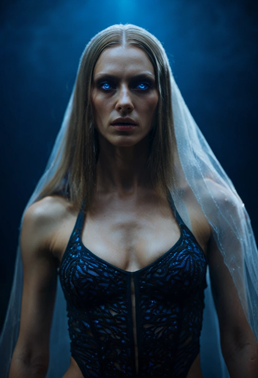 Fashionable of androgynous alien looking witch wearing veil, glowing eyes, beautiful evil slavic muscular woman, pale skin, long dark blond hair, futuristic design, minimal details, givenchy, photoreal, 200mm, hd, f/ 2.0, highly detailed, surreal , drop dead, in the style of red and blue, (intricate details, hyperdetailed:1.15) (skin texture:1.2), cinematic, professional, 4k, (((dynamic model pose))), sitting, full body, mesmerizing, dynamic, dramatic, sensual, dynamic pose, highly detailed skin with hair, subcutaneous veins, light and shadow play, highly detailed,24mm photograph, film, bokeh, professional, 4k,