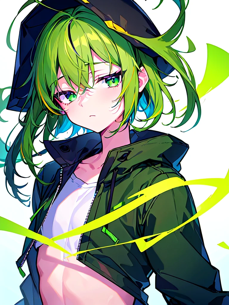 [(WHITE BACKGROUND:1.5),::5], ((((masterpiece)))), high quality, ultra very high resolution, full color, (((solo))), (()), Purple hair, ((Green streaked hair)), (Green eyes), anime, ((upper body)), neon light, black parka, 