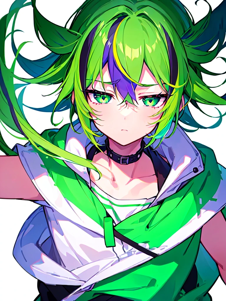 [(WHITE BACKGROUND:1.5),::5], ((((masterpiece)))), high quality, ultra very high resolution, full color, (((solo))), (()), Purple hair, ((Green streaked hair)), (Green eyes), anime, ((upper body)), neon light, black parka, 