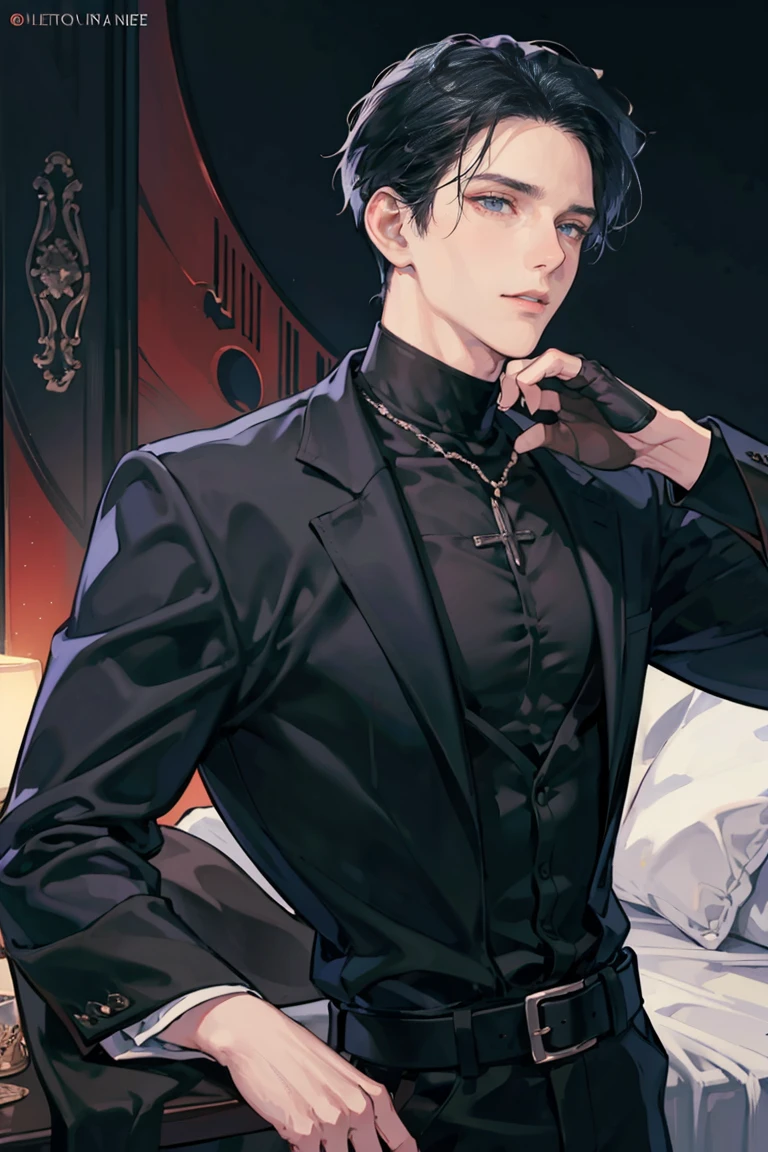 (masterpiece), best quality, seductive eyes, mature face, handsome man, jet black eyes, black slicked back hair, black turtleneck, black pants, black coat, broad shoulders, anime cover, 1boy, masculine, adult-like look