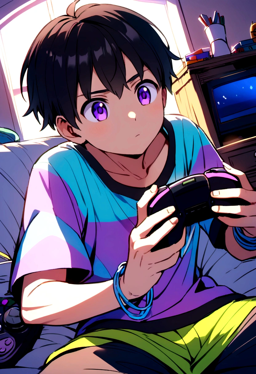 Anime boy with black hair and purple eyes playing videogames in his bedroom 90's theme 